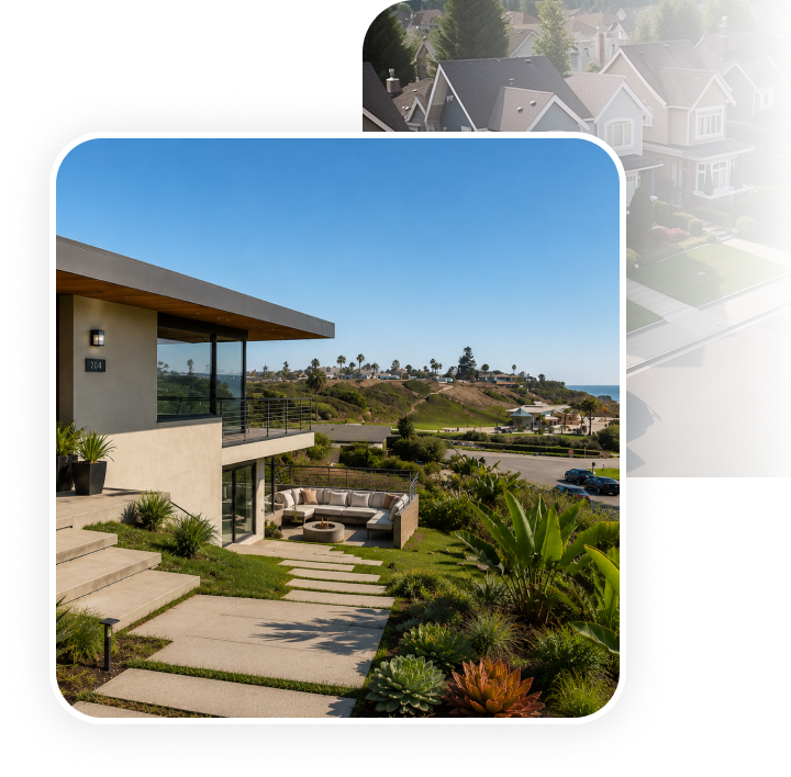 Modern home exterior with landscaped yard